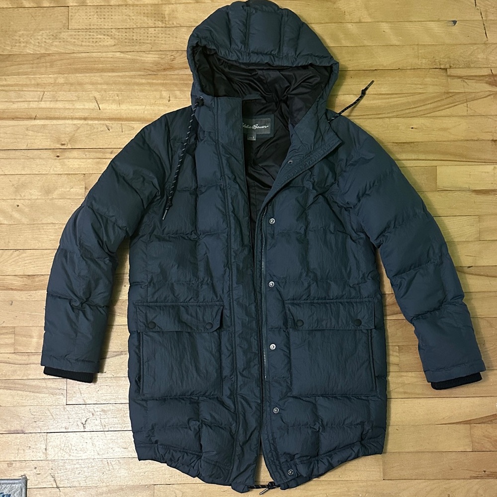 Eddie Bauer Men's Dark Gray Hooded Puffer Jacket